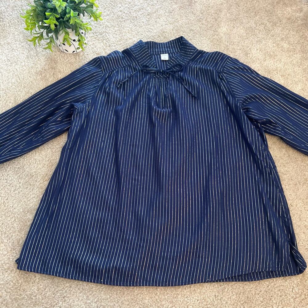 Old Navy Metallic Silver Stripes and Navy Blue Long Sleeve Blouse Size Small